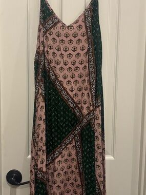 Sleeveless Patchwork Print Maxi Skirt - Pink & Dark Green